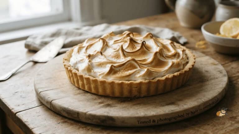 Whole lemon meringue pie with glossy golden meringue sealed to the crust, shot in a summer kitchen