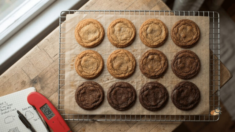 Twelve identical cookies baked in one batch showing uneven browning across the pan