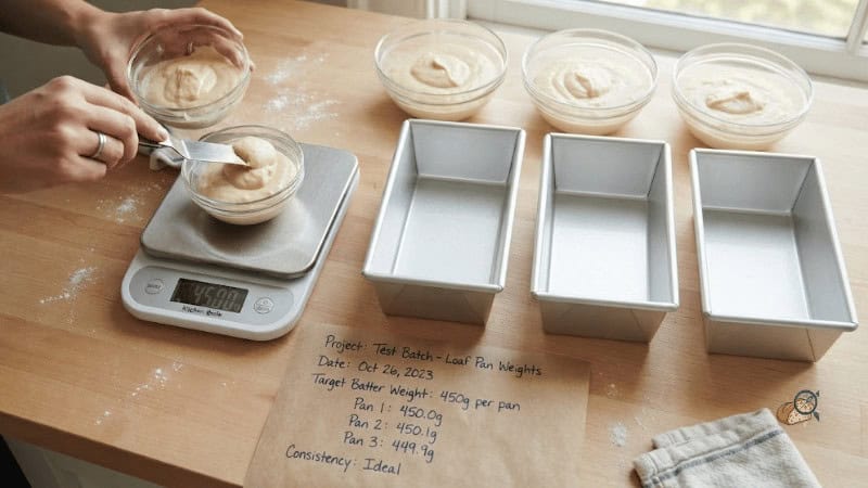 Three equal portions of pumpkin bread batter weighed on a kitchen scale before baking