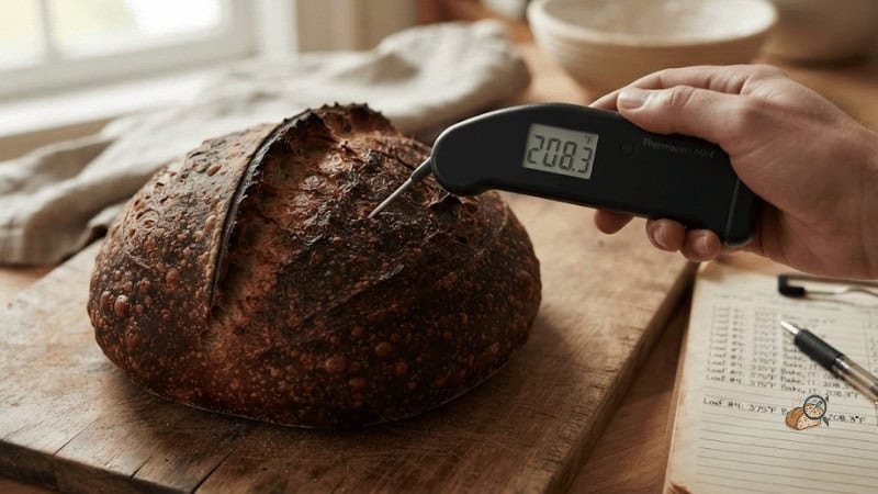 A probe reading the core temperature of a pumpkin bread loaf while the crust already looks finished