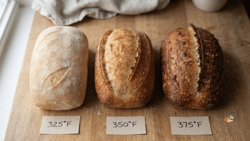 The same three loaves seen from above, showing how crust color differs between oven settings