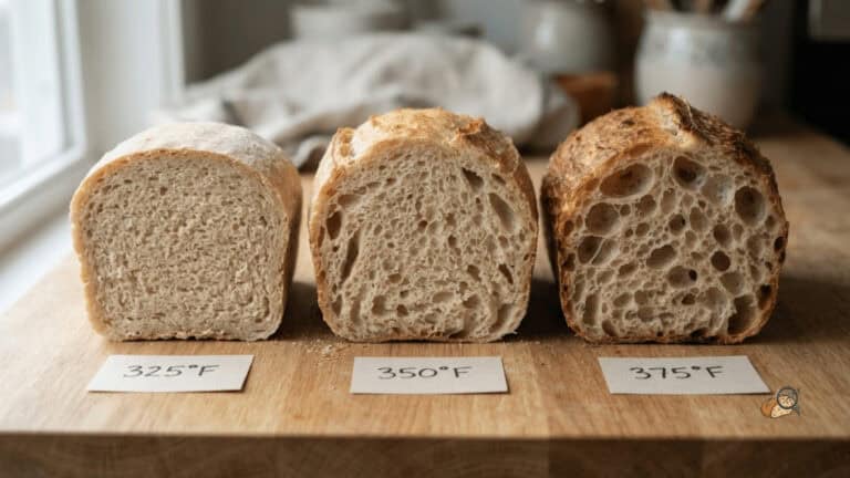 Three pumpkin bread loaves cut through the center, baked at 325, 350 and 375°F from the same batter