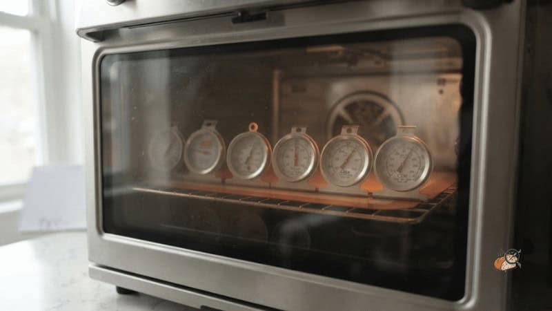 The same thermometers seen through a closed oven door from normal reading distance