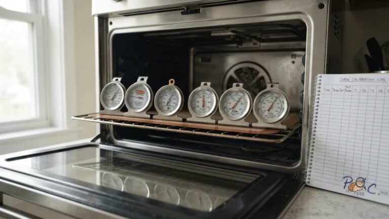 Six oven thermometers lined up on one rack beside a reference probe after a reading