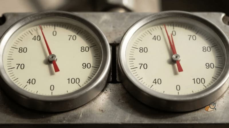Two oven thermometers photographed at the same moment showing different readings