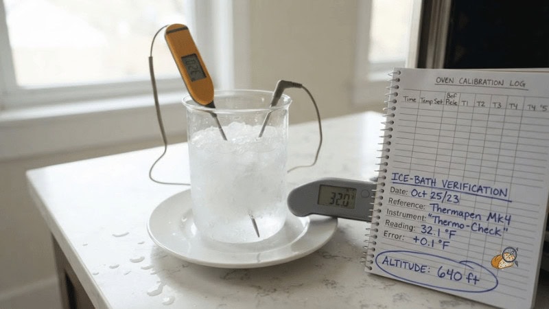 Checking an oven thermometer against a reference probe in an ice bath, with notes visible