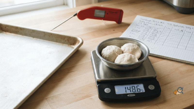 Dough portions weighed on a kitchen scale before baking, with a probe and handwritten notes