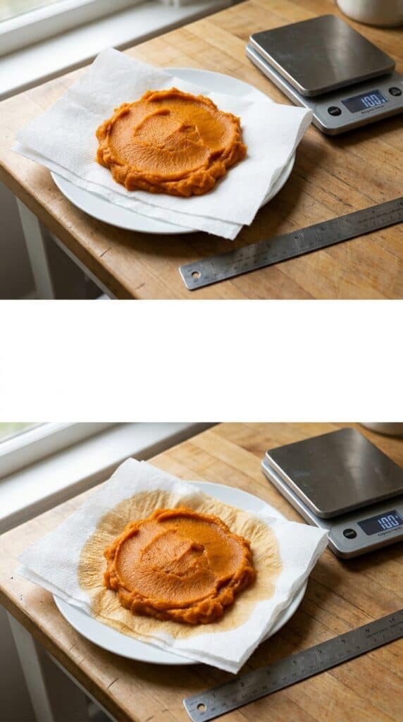 Pinterest graphic showing canned pumpkin puree on paper towels with the range of water removed by blotting