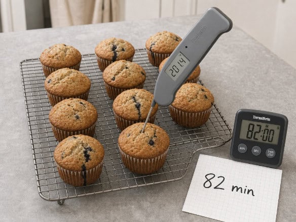 Muffins cooling uncovered on a wire rack with a probe thermometer in the center one
