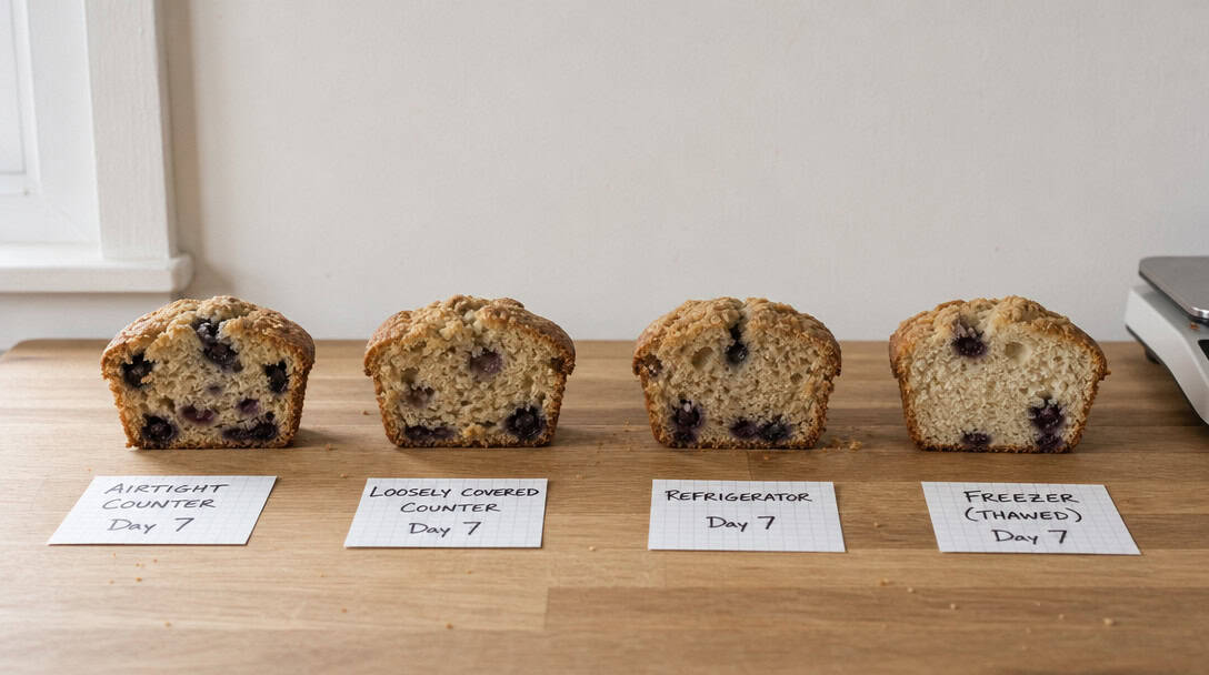 Four make-ahead breakfast muffins cut in half after seven days, one per storage method