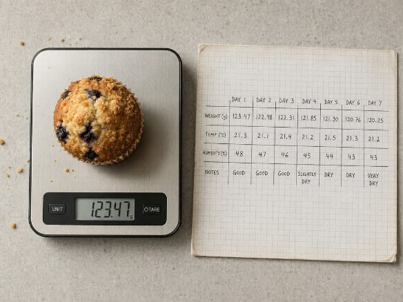 A make-ahead breakfast muffin on a digital gram scale next to a handwritten daily log