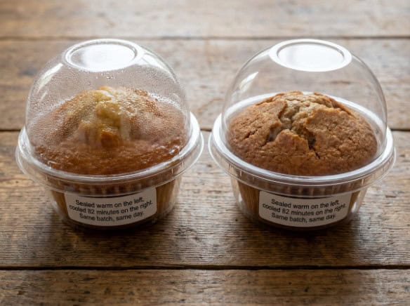 Macro comparison of a tacky muffin dome sealed warm next to a matte dome cooled first