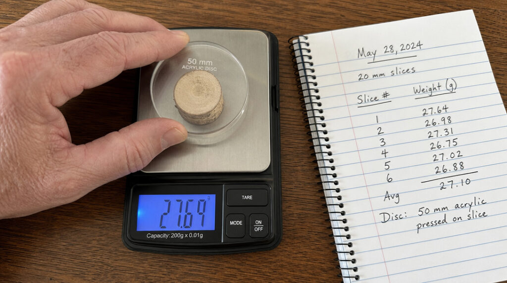Acrylic disc compressing a 20 mm bread slice on a digital gram scale