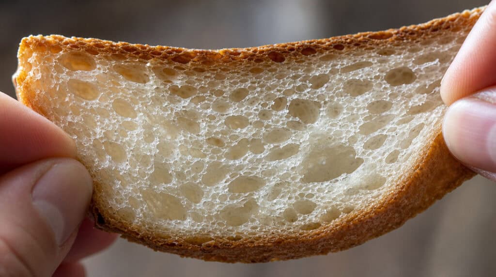 Close-up of the higher-fat sandwich loaf crumb on day 3 