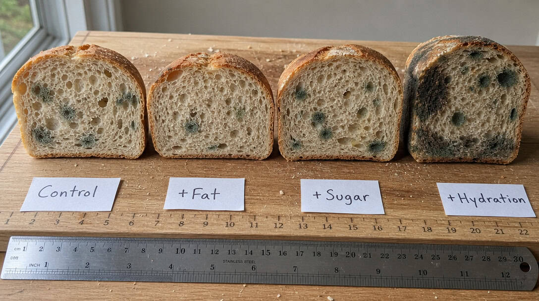 Four sandwich loaf crumbs compared side by side on day 3, same slice position (95 chars)