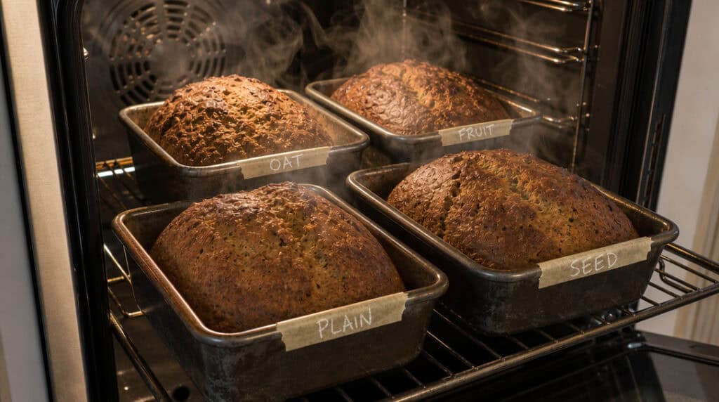 Four sandwich loaves out of the same oven batch, each pan labeled by lever (92 chars)
