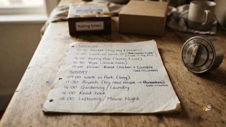 Handwritten three-day baking plan on grid paper with a kitchen timer and boxed bakes