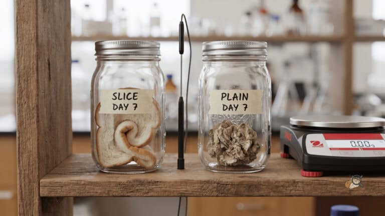 Two identical cookie jars on day 7, one holding a bread slice, with a thermometer between them