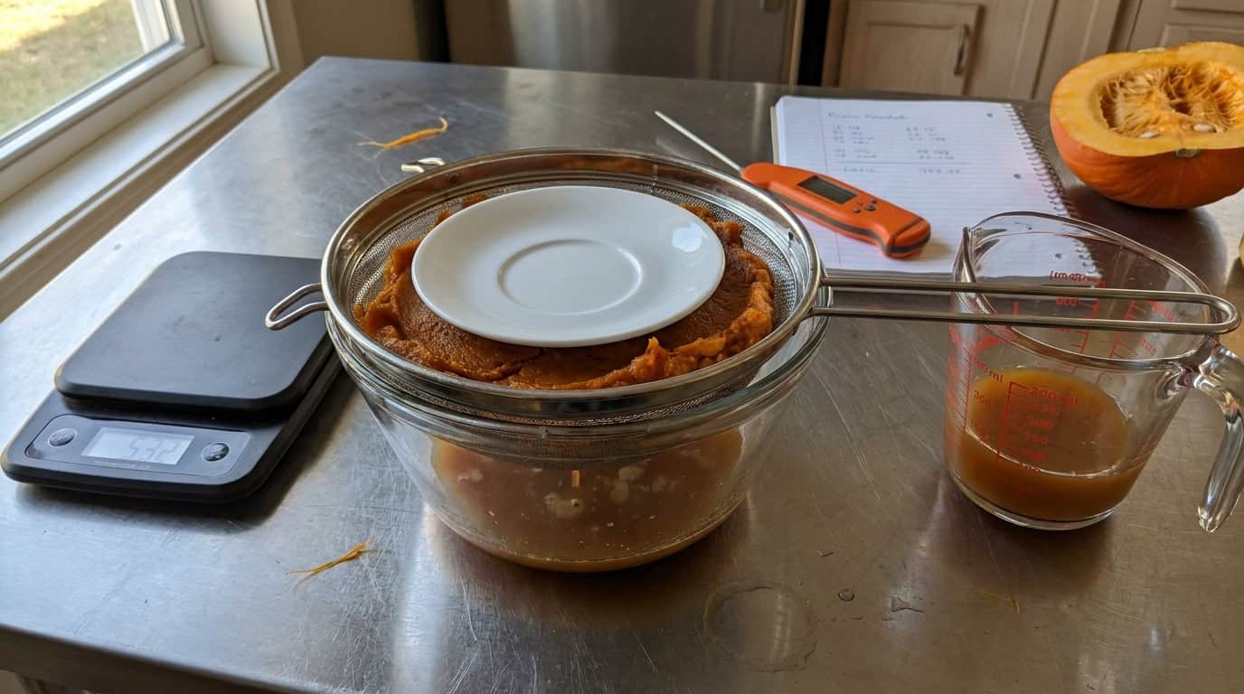 Roasted pumpkin puree draining in a weighted sieve with the collected juice measured in a glass jug beside a kitchen scale
