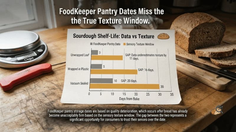 Bar chart comparing official pantry storage days with the shorter texture window for six kinds of bakes