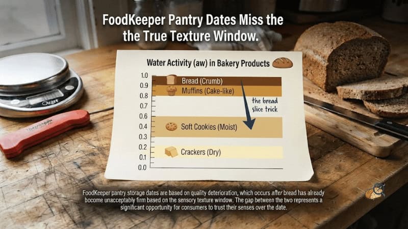 Vertical scale of water activity values for bread, muffins, cookies and crackers with a transfer arrow