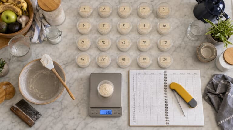 Twenty labeled baked samples, a gram scale and a probe thermometer on a test bench