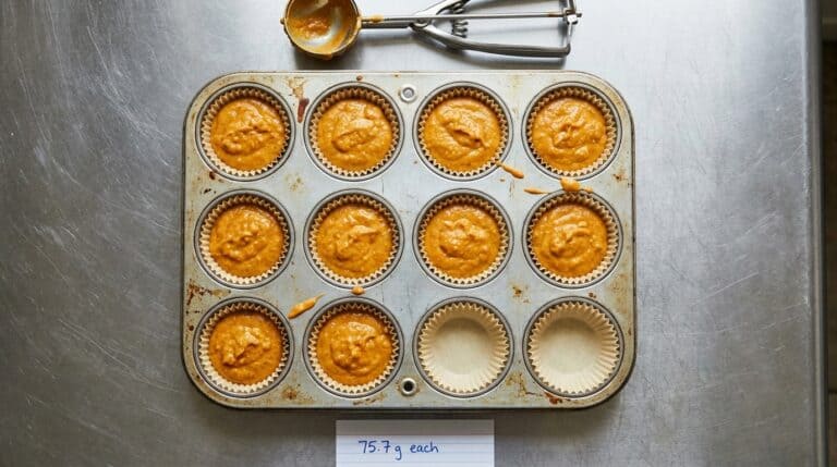 A twelve cup muffin tin with two cups left empty, showing the smaller yield from reduced pumpkin puree