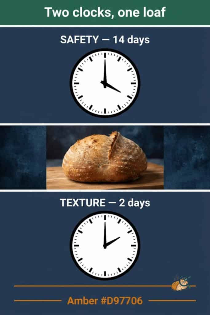 Two clock faces comparing the 14-day safety window with the 2-day texture window for bread