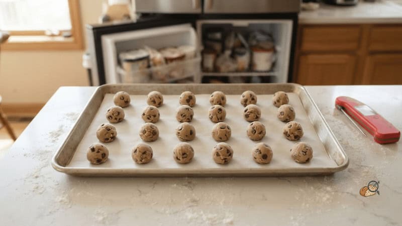 Portioned cookie dough balls spaced on a lined sheet pan before freezing