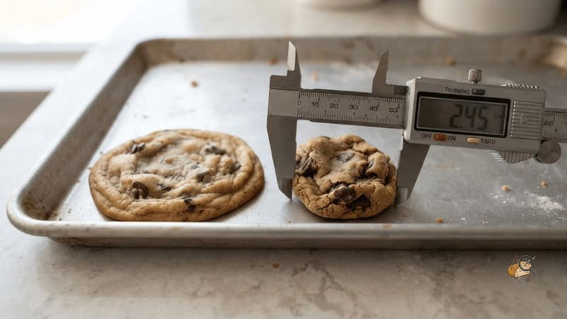 Side profile of a cookie baked from 90-day frozen dough next to a fresh one