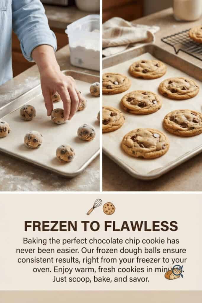 Frozen cookie dough balls on a tray next to six baked cookies, with day 1 and day 90 comparison