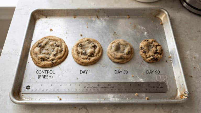 Four chocolate chip cookies compared on one tray, baked from dough frozen 1, 30 and 90 days