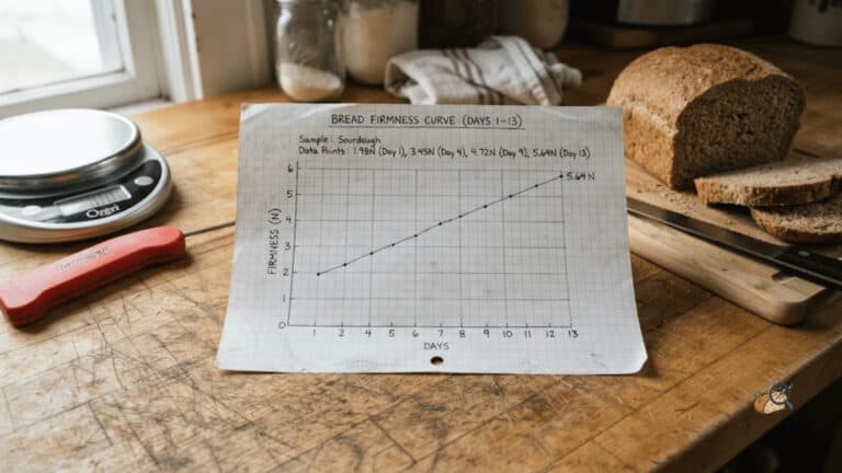 Hand-plotted bread firmness curve on graph paper beside a sliced loaf and a kitchen scale