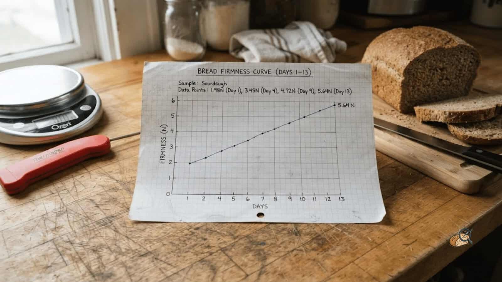 Hand-plotted bread firmness curve on graph paper beside a sliced loaf and a kitchen scale