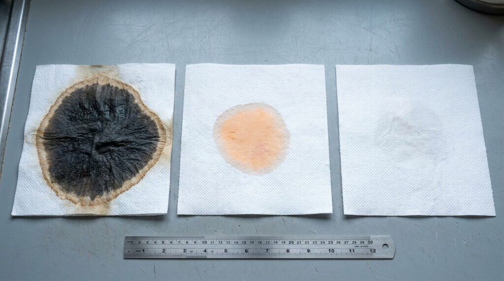 Underside of three stacked paper towels after twenty minutes showing how far the water spread through each layer