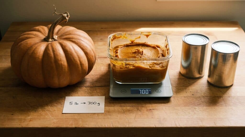 A pie pumpkin cut open beside a dense fleshed moschata type squash showing the difference in flesh thickness