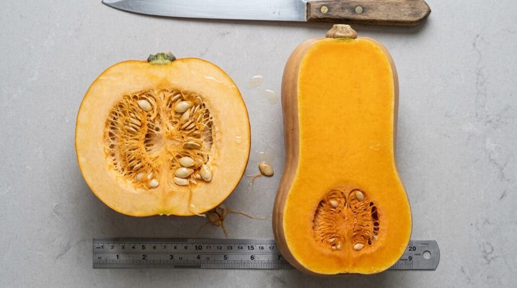 A pie pumpkin cut open beside a dense fleshed moschata type squash showing the difference in flesh thickness