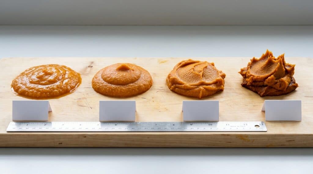 Four mounds of pumpkin puree side by side showing zero, seven, sixteen and fifty percent of weight removed
