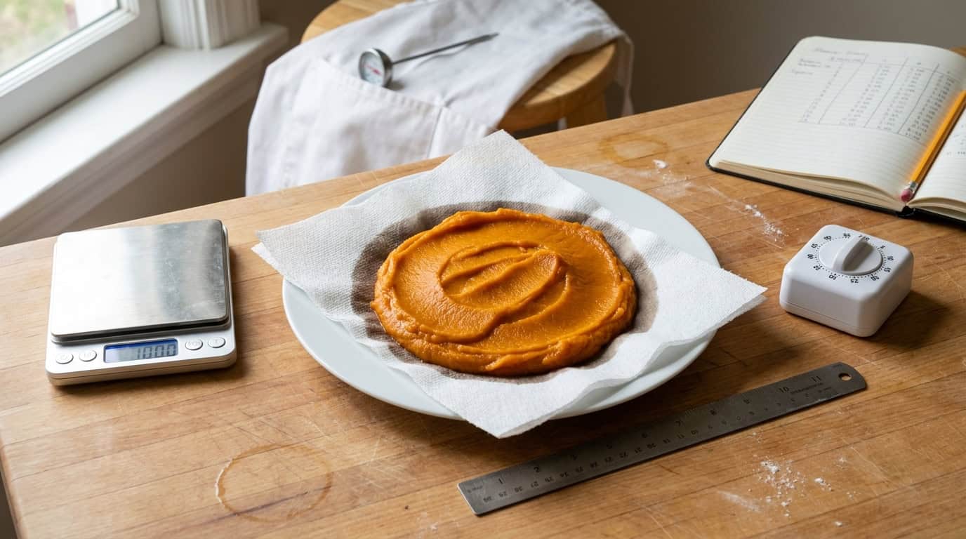 Pumpkin pie cooling on paper towels on a wooden table with kitchen tools.