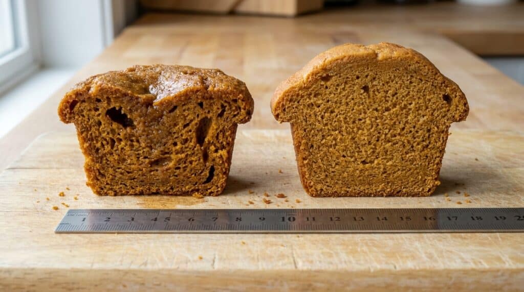 Two pumpkin muffin cross sections compared, one made with blotted puree and one straight from the can