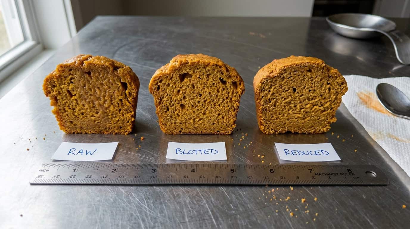 Three pumpkin muffins cut open side by side, made from raw, blotted and reduced puree, with a ruler for scale