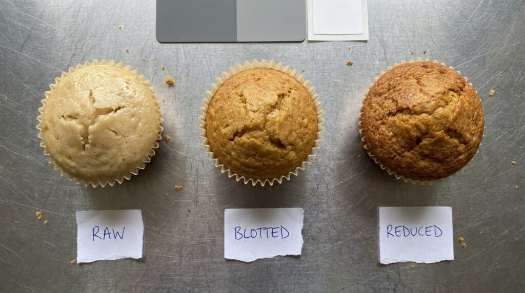 Three pumpkin muffin tops compared side by side showing how surface browning changes with puree prep