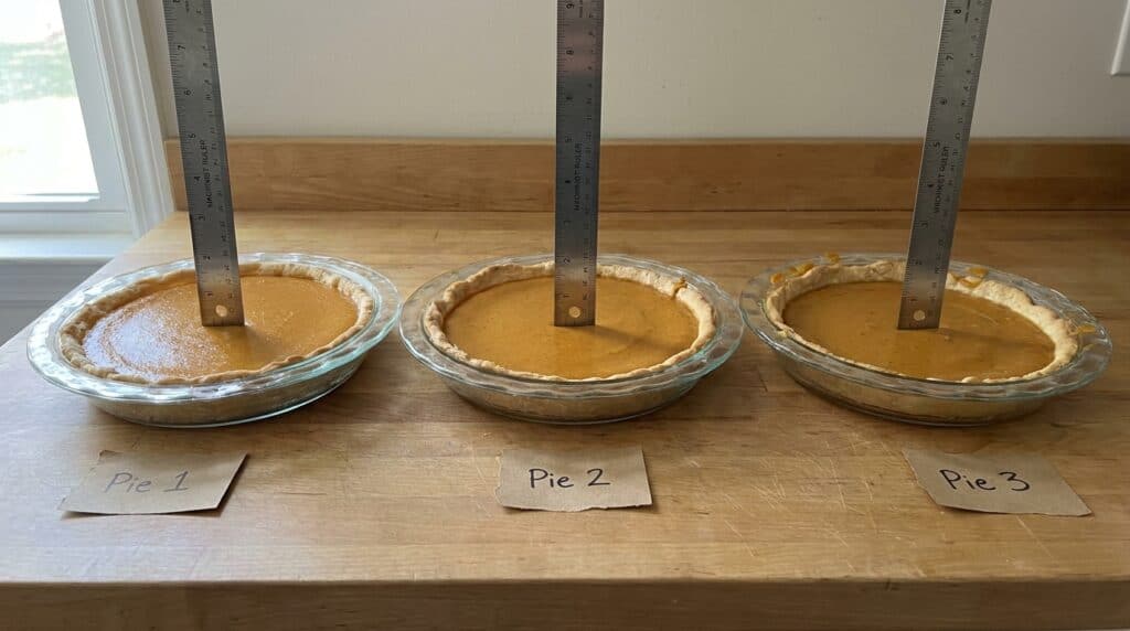 Three unbaked pumpkin pie fillings in identical plates with a ruler in each showing the difference in filling depth