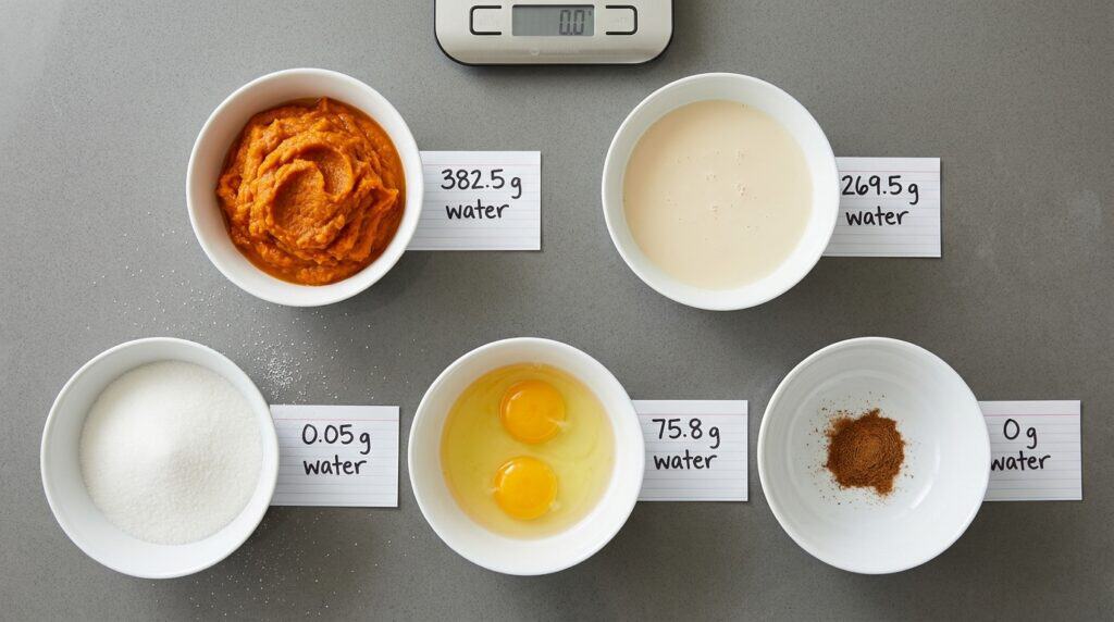 Pumpkin pie filling ingredients laid out with handwritten cards showing how many grams of water each one contributes