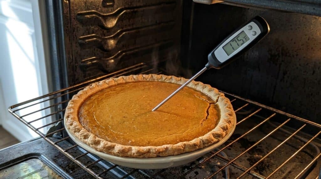 A probe thermometer reading 175 degrees in the center of a pumpkin pie, inserted halfway down the filling