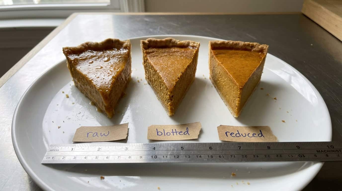 Three pumpkin pie slices side by side showing the cut face from raw, blotted and reduced puree, with a ruler for scale