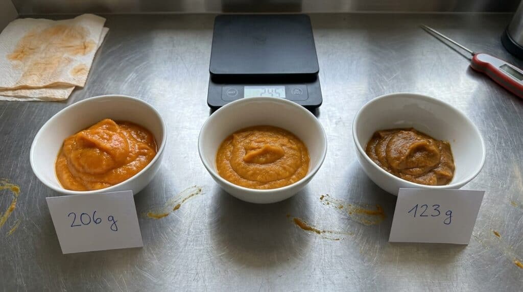 Three identical bowls of canned pumpkin puree weighed at 245, 206 and 123 grams next to a kitchen scale