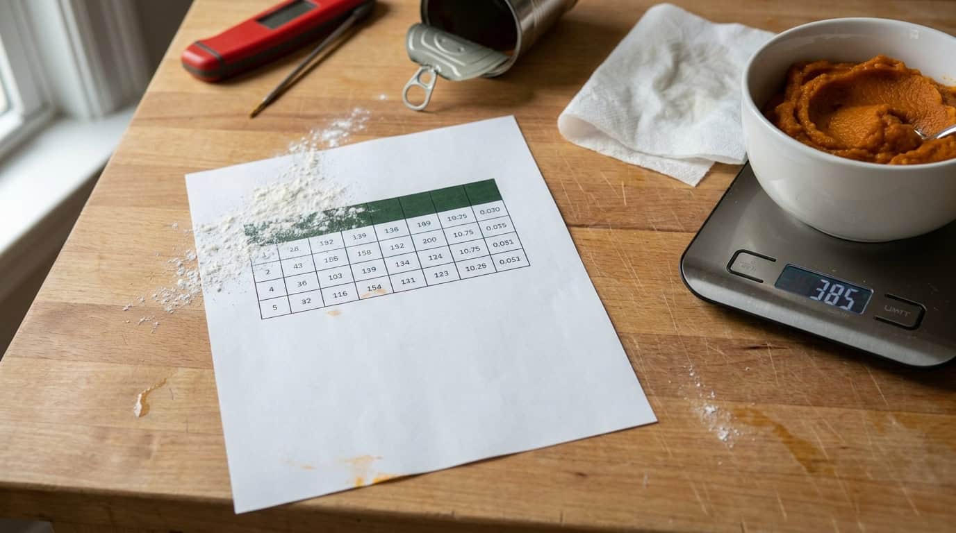 The Puree Adjustment Card: Flour, Liquid and Bake-Time Changes by Water Level 1 A printed pumpkin puree adjustment card on a floured work surface next to a kitchen scale and a bowl of puree