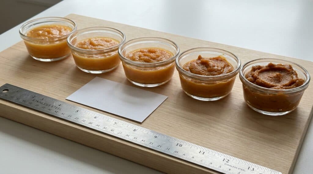 Five ramekins of pumpkin puree showing each level of the water removal ladder