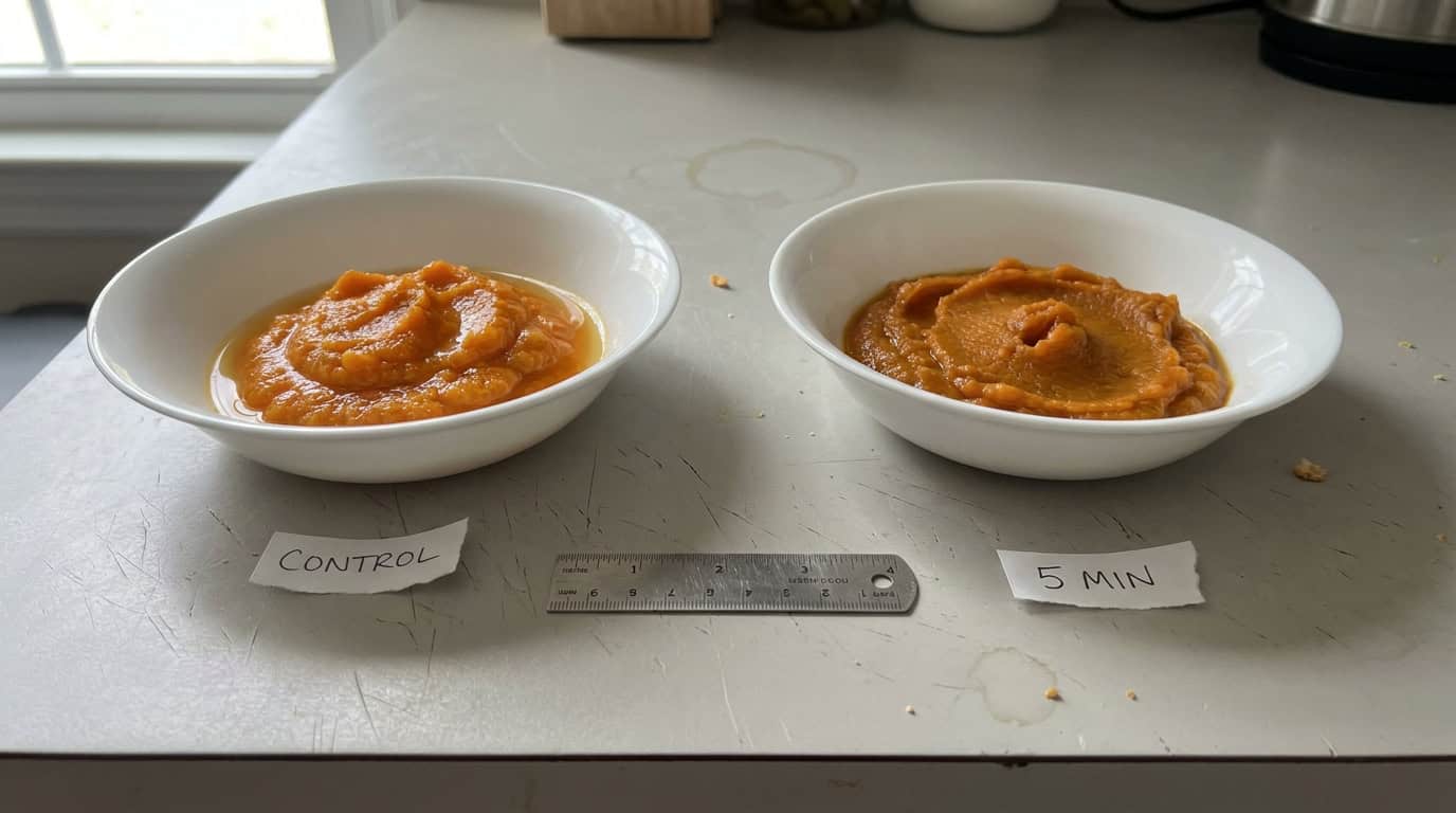 Untreated canned pumpkin puree next to puree cooked five minutes, side by side with a ruler